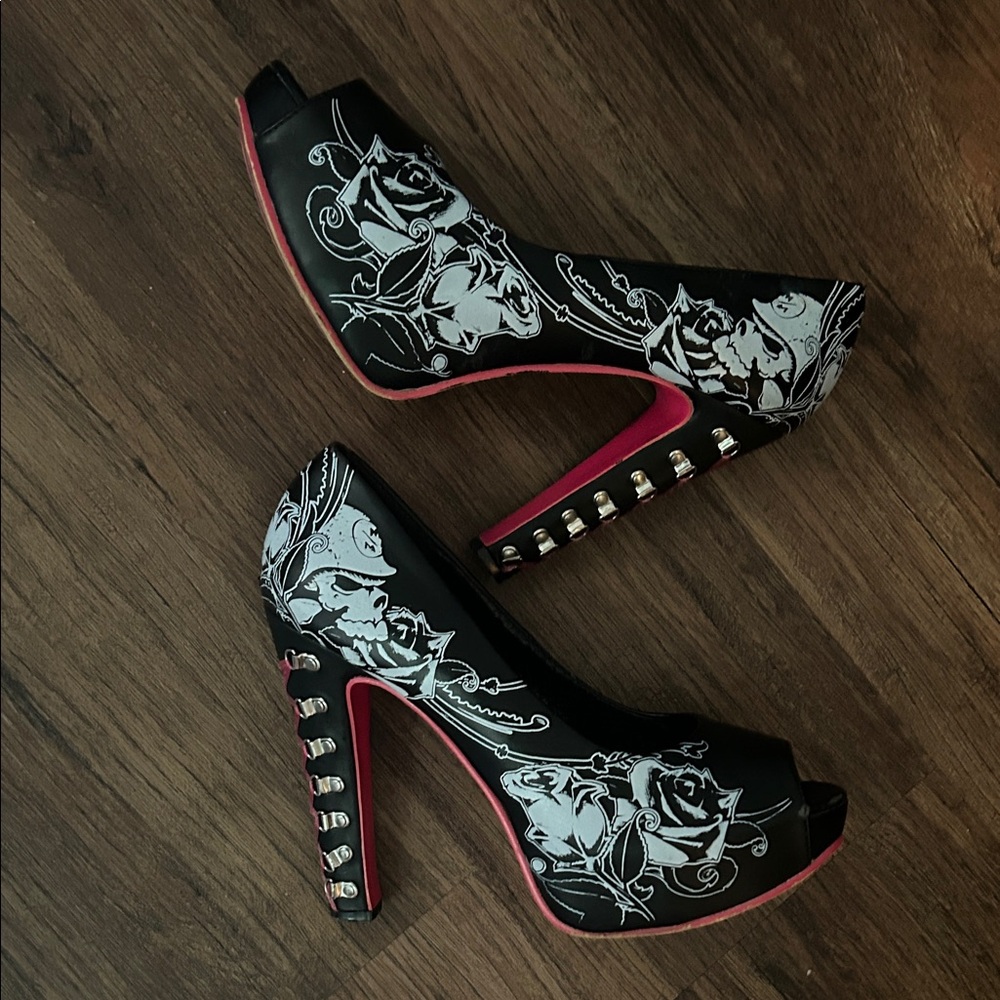 Metal Mulisha Black and Pink Heels with Skull Design